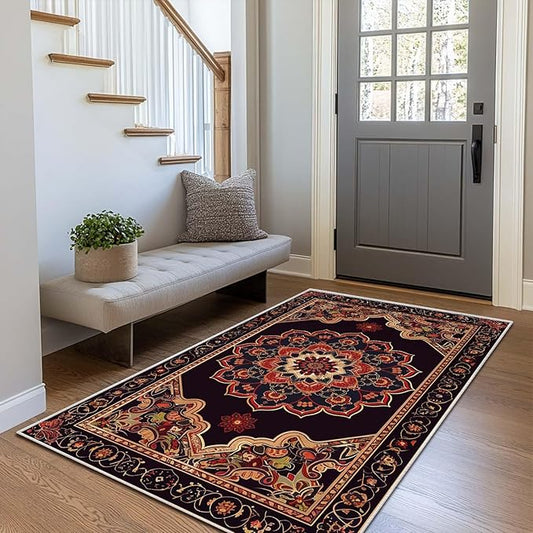 3x5 Entryway Rug Boho Black Red Vintage Oriental Area Rug Bedroom Bedside Ultra-Thin Soft Small Carpet Bathroom Non Slip Indoor Entrance Low Pile Door Mat Kitchen Stain Resistant Washable Machine