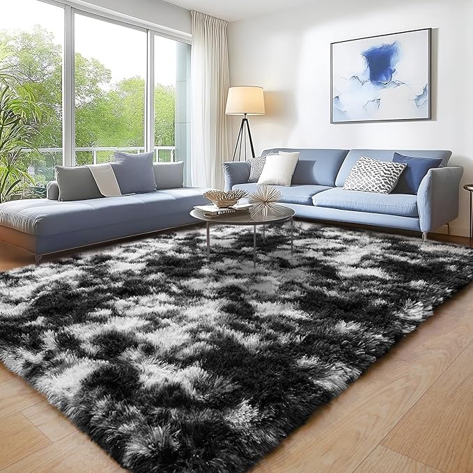 5x7 Black and White Rug for Living Room, Fluffy Plush Area Rugs Anti-Skid Floor Carpets, Ultra Soft Modern Indoor Shag Rug for Bedroom Dorm Kids Room Nursery Home Decor Aesthetic