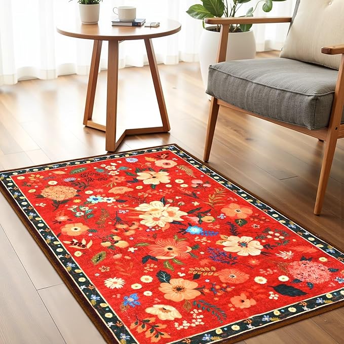 2x3 Small Floral Rug for Entryway, Flowers Printed Washable Rugs with Non Slip Backing for Girls Bedroom Kitchen, Cute Throw Carpet Front Door Entry Decor, Red