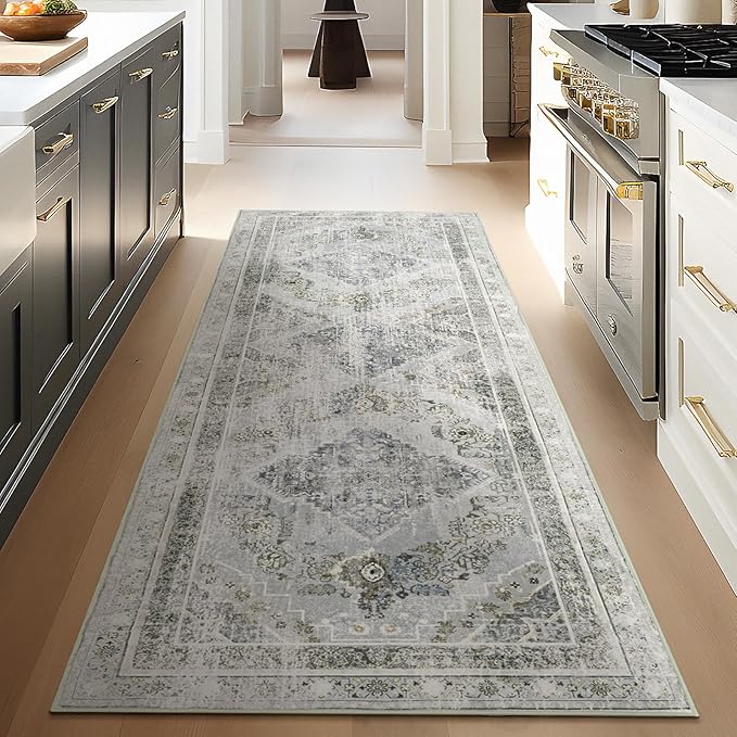 Phantoscope Hallway Runner Rug 2'x6' - Boho Washable Non-Slip Kitchen Rug Runner, Ultra-Thin Vintage Distressed Accent Throw Rug for Entryway Laundry Bathroom Bedroom, Grey/Dull Teal