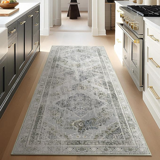 Phantoscope Hallway Runner Rug 2'x6' - Boho Washable Non-Slip Kitchen Rug Runner, Ultra-Thin Vintage Distressed Accent Throw Rug for Entryway Laundry Bathroom Bedroom, Grey/Dull Teal
