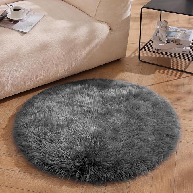 Ashler Faux Fur Rug - Fluffy Shaggy Area Rug, Ultra Soft 3x3 Feet, Dark Grey, Machine Washable, Perfect for Nursery, Bedroom, Living Room