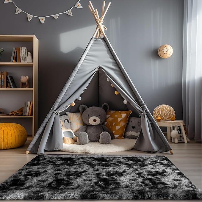 Zentavio Black and Grey Area Rugs for Living Room Large Men Room Carpet 5x8 Bedroom Fluffy Furry Shag Aesthetic Plush High Pile Floor Rug for Kids Room Dorm Home Decor Gray