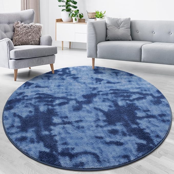 Lascpt Round Rug for Bedroom 7x7, Tie-Dyed Navy Blue Circle Rug for Living Room Super Soft Thicken Memory Foam Circular Rug, Indoor Area Rug for Modern Home Decor, Round Carpet for Nursery Kid's Room
