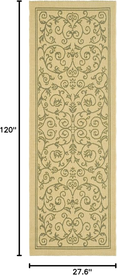 SAFAVIEH Courtyard Collection Runner Rug - 2'3" x 10', Natural & Olive, Scroll Design, Non-Shedding & Easy Care, Indoor/Outdoor & Washable-Ideal for Patio, Backyard, Mudroom (CY2098-1E01)