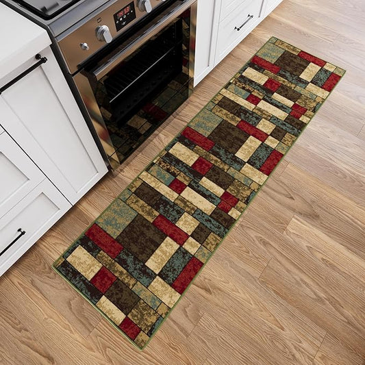 Ottomanson Hallway Runner Rug 1'10" x 7' Non Slip Boxes Area Rugs Easy to Clean Laundry Rug Runner Durable & Pet Friendly Floor Carpet Runners for Hallways Entryway Living Room Kitchen, Multicolor
