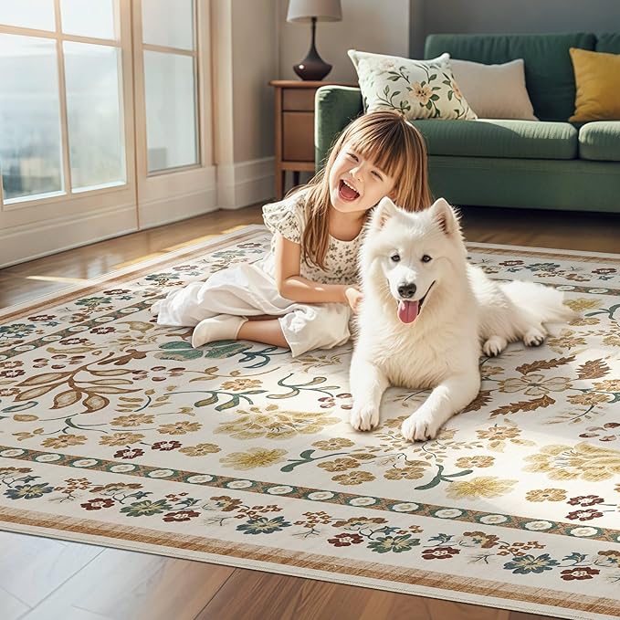 5x7 Area Rug Living Room Rugs - Washable Boho Vintage Floral Large Soft Non Slip Thin Rug Low Pile Carpet for Bedroom Dining Room Kids Playroom Office Decor Indoor- Brown