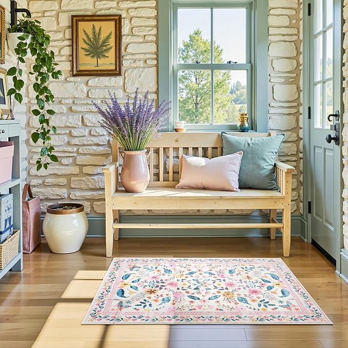 Terrug 2x3 Pink Floral Area Rug for Entryway,Boho Machine Washable Throw Rugs with Non-Slip Blacking for Kitchen,Small Flower Carpet for Bedroom Front Door Laundry Floor Decor