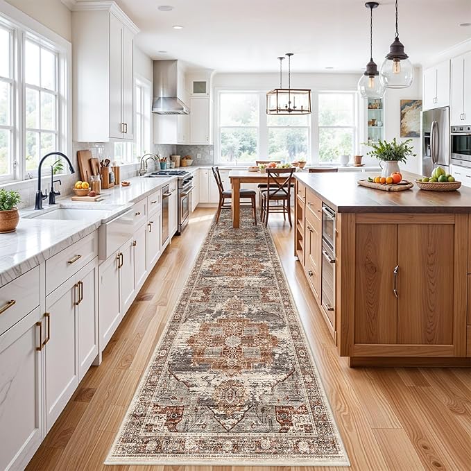 RUUGME Washable 3X14 Runner Rugs - Large Boho Rugs for Living Room Stain Resistant Carpet Vintage Tribal Rugs for Bedroom Kitchen Bathroom Non Slip Backing Home Decor Floor Decoration Mat 3X14 Brick