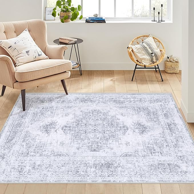 Bedroom Rug 3x5 Vintage Rug, Machine Washable Kitchen Rug Retro Medallion Distressed Rug Non-Slip Soft Low Pile Throw Rugs for Entryway Bedroom Bathroom Hallway Kitchen(LightGrey,3'x5')