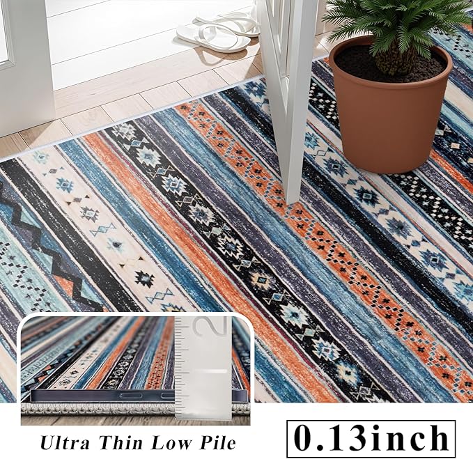 2x6 Runner Rug Washable: Non-Slip Southwestern Striped Carpet for Hallway Kitchen Entry - Farmhouse Low Pile Stain Resistant Long Thin Front Door Mat 2x6 Blue/Black/Multi