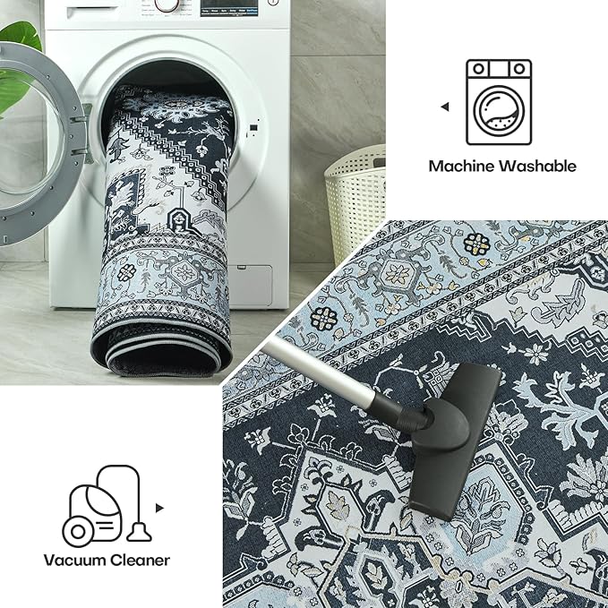 YJ.GWL Large Area Rug for Living Room, 5x7 Machine Washable Boho Rug for Bedroom, Low Pile Lightweight Thin Rugs Floral Vintage Distress Print Pattern Carpet for Dining Room, Clear Blue/Grey