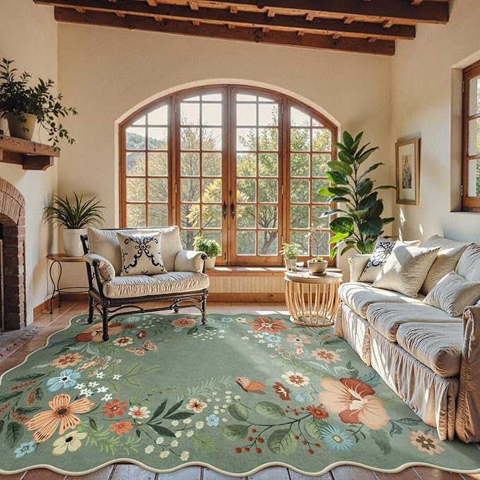Beeiva 8x10 Floral Washable Area Rugs for Bedroom Under Bed, Ultra Thin Non-Slip Green Rug for Living Room, Soft Large Carpet for Playroom, Office, Dining Room - Green(8x10ft)