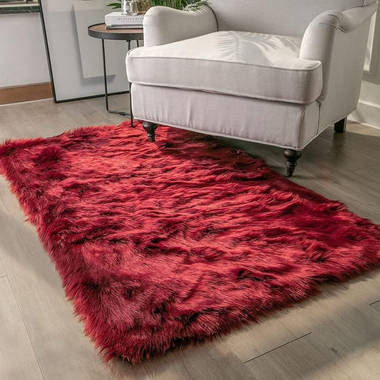 Ashler faux fur rug, Fluffy Shaggy Area Rug Ultra Soft 3 x 5 Feet Rectangle Fur Rug Deep Red Fuzzy Rug Machine Washable Shag Rug, Nursery Decor Throw Rugs for Bedroom, kids room, Living Room
