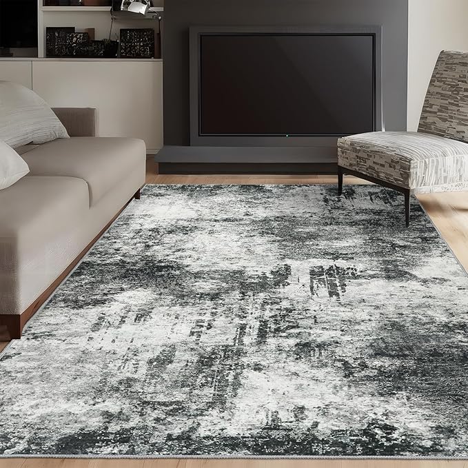 Washable 3x5 Abstract Area Rug - Large Living Room Area Rugs Modern Stain Resistant Indoor mat for Bedroom Dining Room Non Slip Rubber Backing Thin Super Soft Room Decor Floor Carpet 3x5 Black A