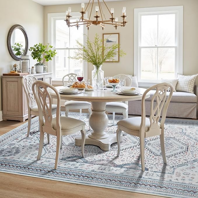Maxsoft 5X8 Area Rug,Vintage Machine Washable Rugs for Living Room, Soft Non-Slip Low Pile Rug, Stain Resistant Rugs for Kitchen, Bedroom, Dining Room,Laundry Room,Nursery (Beige Blue)