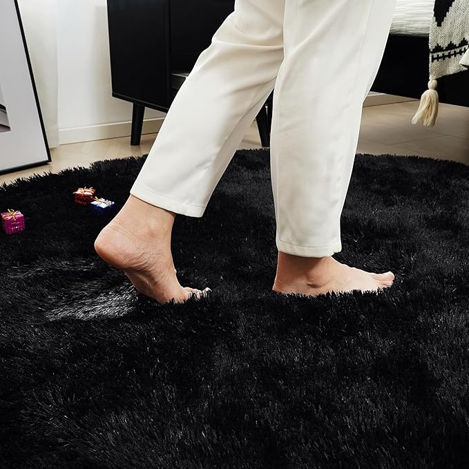 Black Fluffy Round Area Rugs for Bedroom,3'X3'Shag Circle Area Rugs for Living Room,Non Slip Fuzzy Plush Rug for Kids Room Boys Girls Room and Dorm Home Decor Rug