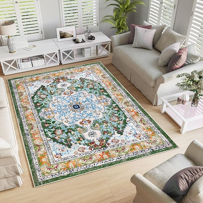 U'Artlines Boho Vintage Area Rug 5x7 Machine Washable Low Pile Soft Floor Carpet Non Slip Non Shedding Accent Rug for Living Room Bedroom Entryway Dining Room Office Green