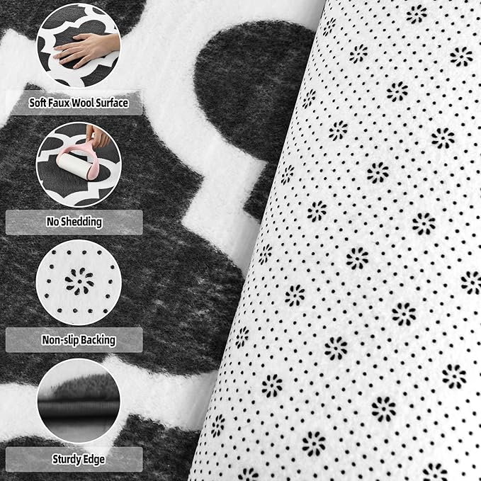 Large 5x8 Geometric Shag Modern Area Rug for Living Room Bedroom, Distressed Moroccan Fluffy Rug Indoor Carpets for Kids Nursery Bedside Room Decor, Memory Foam Soft Shaggy Rugs, Black/White