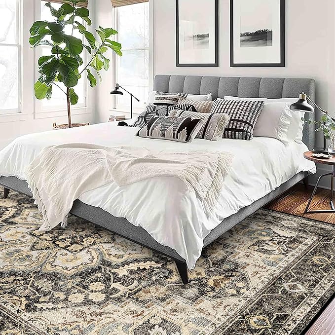 Washable Oriental Area Rug - 9x12 Rugs for Living Room Soft Carpet for Bedroom Waterproof Floral Distressed Indoor Stain Resistant Non-Shedding Floor Carpets (Black/Grey, 9x12)