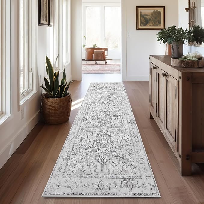 jinchan Runner Rug 2x12 Long Hallway Runner Rug Thin Vintage Washable Kitchen Carpet with Rubber Backing Floral Print Floor Cover Indoor Laundry Room Bedroom Stairway (2x12ft,Grey)