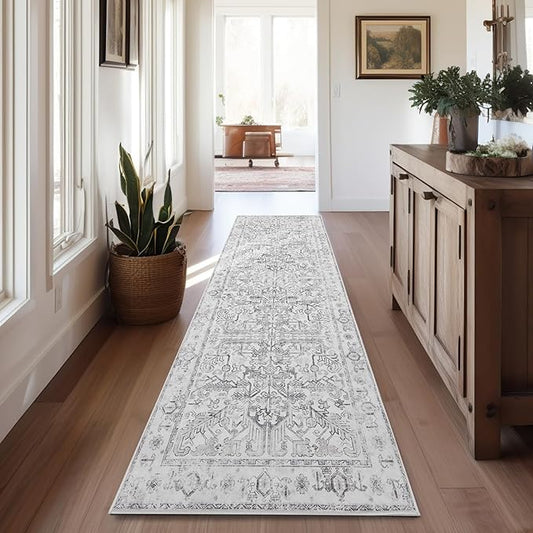 jinchan Runner Rug 2x12 Long Hallway Runner Rug Thin Vintage Washable Kitchen Carpet with Rubber Backing Floral Print Floor Cover Indoor Laundry Room Bedroom Stairway (2x12ft,Grey)