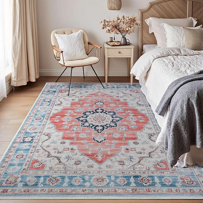 Vintage 3x5 Rug, Entryway Rug with Non Slip Backing, Soft Washable Area Rug for Indoor Entry, Low Pile Stain Resistant Non-Shedding Carpet for Bedroom, Living Room, Entryway, Red Blue