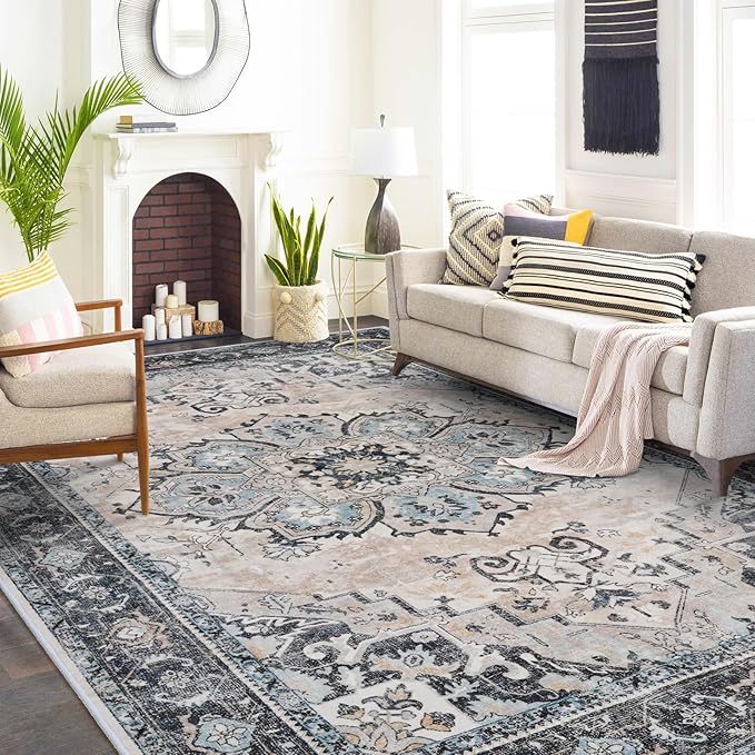 Washable Area Rug 9x12 - Living Room Farmhouse Vintage Oriental Rug Large Distressed Non-Slip Stain Resistant Carpet for Bedroom Dining Room Home Office (9x12 Blue/Cream)