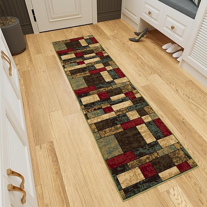 Ottomanson Hallway Runner Rug 1'10" x 7' Non Slip Boxes Area Rugs Easy to Clean Laundry Rug Runner Durable & Pet Friendly Floor Carpet Runners for Hallways Entryway Living Room Kitchen, Multicolor