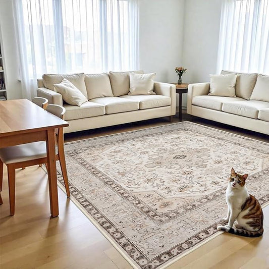 8x8 Area Rug Square Living Room, Washable 8ft Square Soft Distressed Oriental Rugs Non Slip Backing Farmhouse Rug Low Pile Thin Stain Resistant Indoor Carpets, 8'SquareIvory/Multi