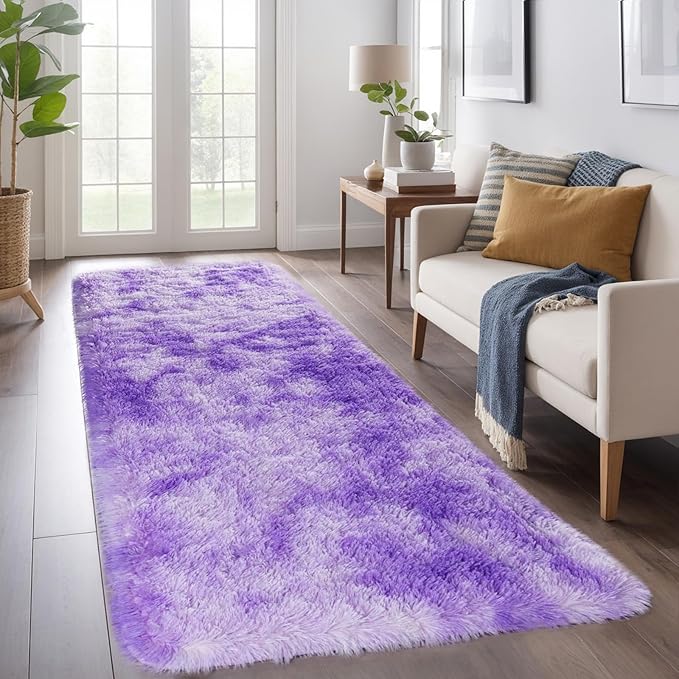 Zentavio Bedside Rugs for Girls Room 2x6 Runner Rugs for Hallway Bedroom Non Slip Fluffy Soft Shaggy Carpet for Kids Home Decor Aesthetic Dorm Nursery Tie-Dyed Purple