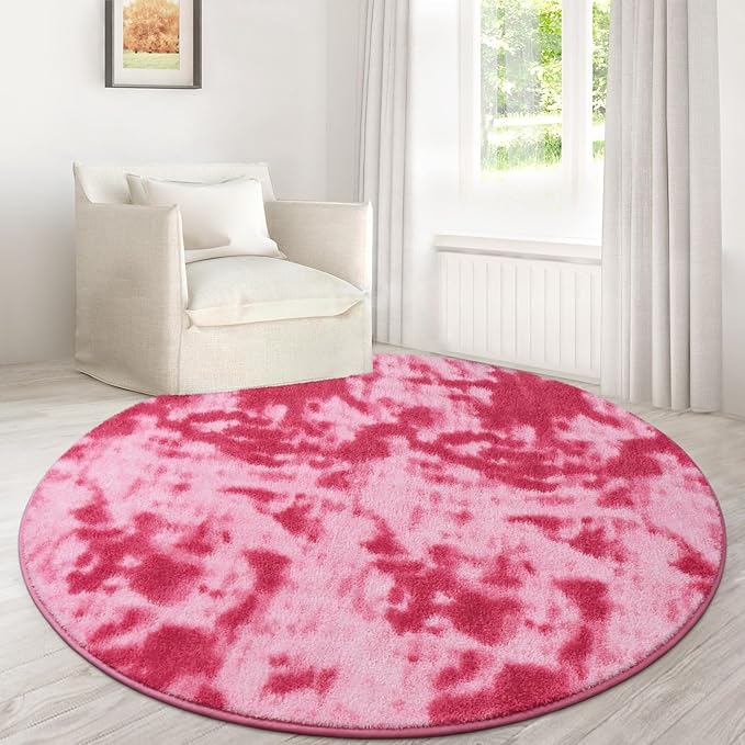 Lascpt Round Rug for Bedroom 4x4, Tie-Dyed Pink Circle Rug for Living Room Super Soft Thicken Memory Foam Circular Rug, Indoor Area Rug for Modern Home Decor, Round Carpet for Nursery Kid's Room