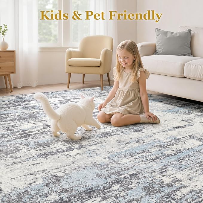 Area Rugs for Living Room: 7x9 Abstract Washable Rug Modern Neutral Large Soft Stain Resistant Non-Slip Backing Machine Table for Bedroom Dining Room Indoor Home Office Carpet - Blue Grey