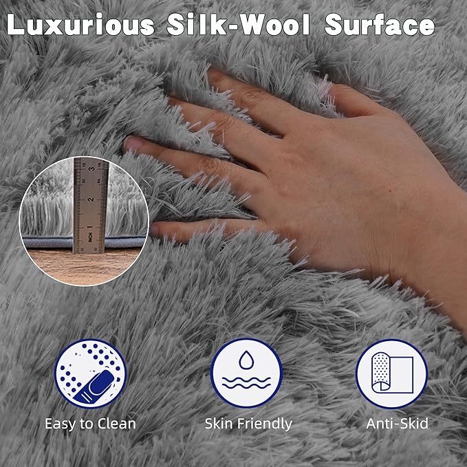 Grey Fluffy Rug for Bedroom 6x9 ft - Ultra Soft & Non Slip Shaggy Area Rug, Comfy Durable Carpet for Living Room Kids Room Teens Dorm Home Decor, 1.7'' Thick Indoor Plush Carpets