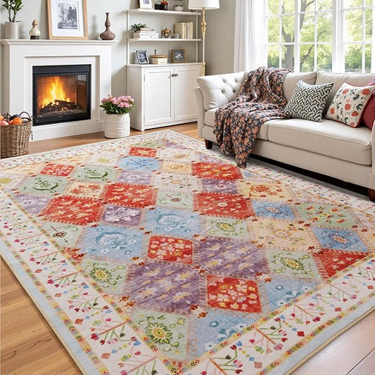 5x7 Washable Area Rug for Living Room, Boho Non-Slip Bedroom Rugs, Moroccan Floral Trellis Carpet Soft Low Pile Accent Indoor Mat for Kitchen Laundry Room Nursery, Cream