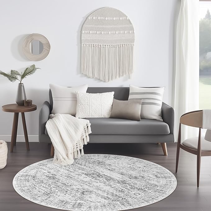 4x4 Grey Round Rug 4ft Gray Entryway Rug Vintage Round Area Rug Non-Slip Indoor Carpet for Living Room Dining Room Bedroom