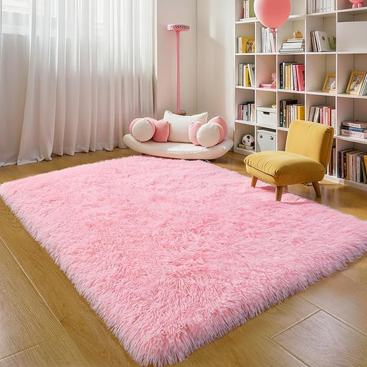 Thick Area Rug 5x7 Pink Fluffy Shag – Ultra Soft Plush Fuzzy Washable Thickened Non-Slip Fuzzy Carpet for Girls Bedroom Living Room, Modern Furry Shaggy Rug for Kids Nursery Boys Dorm Room