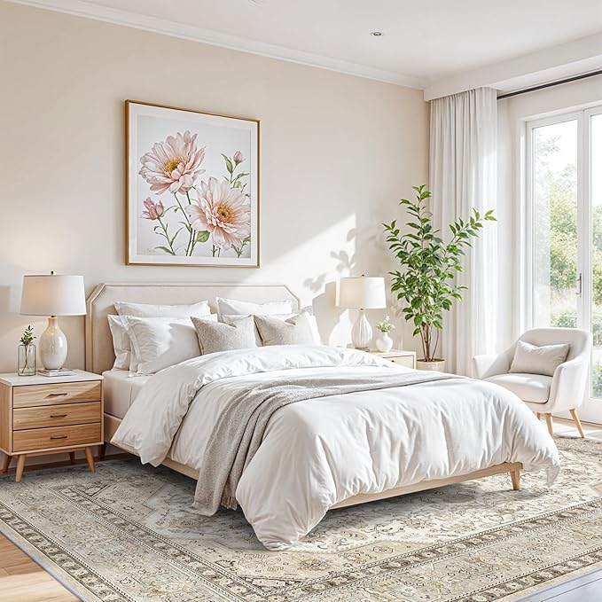 10x12 Rugs Living Room: Large Washable Soft Neutral Oriental Area Rug for Bedroom Farmhouse Low Pile Stain Resistant Thin Rugs Distressed Non Slip Backing Waterproof Indoor Carpet 10'x12' Ivory