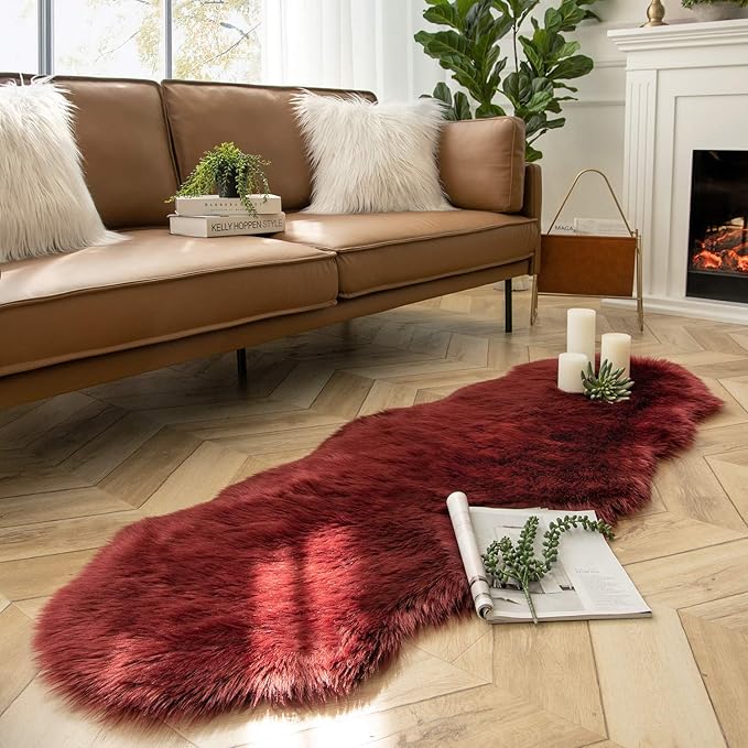 Ashler faux fur rug, Fluffy Shaggy Area Rug Ultra Soft 2 x 6 Feet Sheepskin Fur Rug, Deep Red Fuzzy Rug Machine Washable Shag Rug, Nursery Decor Throw Rugs for Bedroom, kids room, Living Room