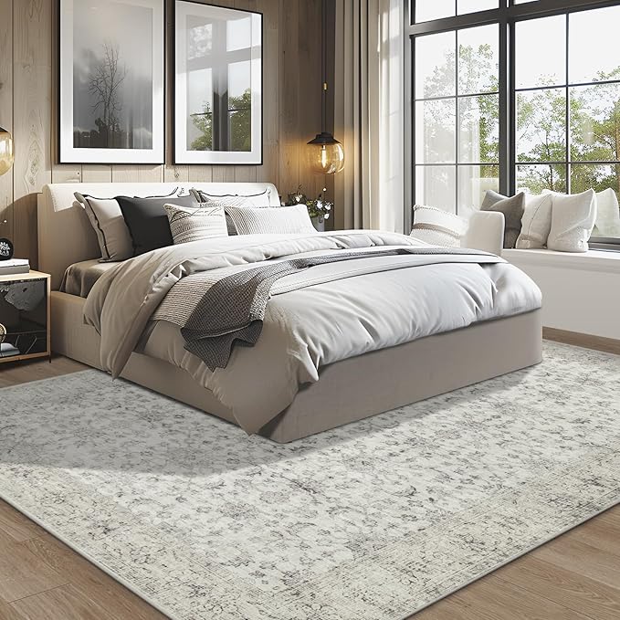 5x7 Area Rug Washable Rug, Soft Vintage Living Room Rug with Anti-Skid Backing Stain Resistant Thin Indoor Carpet Large Area Rug for Bedroom Under Dining Room Table Nursery Entryway-Light Gray