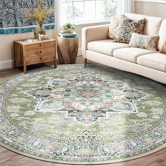 BESTSWEETIE 6ft Area Rugs for Living Room Washable Non Slip Carpet Low Pile Soft Vintage Print Pattern Rug for Bedroom Dining Room Kitchen Entryway Indoor-Green/Light tan/Blue/Grey