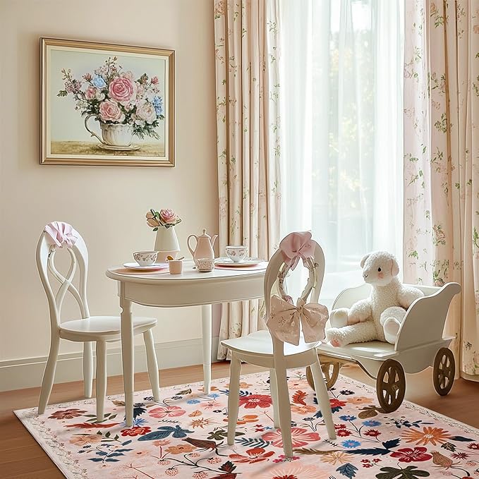 Beige Pink 8x10 Area Rugs for Living Room Boho Vintage Floral Washable Large Rug Low Pile Non Slip Stain Resistant Cottagecore Carpet Rug for Bedroom Dining Room Kids Playroom Dorm Spring Decor