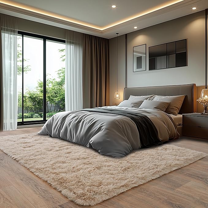 Beige Fluffy Rug for Bedroom 9x12 ft Large Rug - Ultra Soft & Non Slip Shaggy Area Rug, Comfy Durable Carpet for Living Room Kids Room Teens Dorm Home Decor, 1.7'' Thick Indoor Plush Carpets