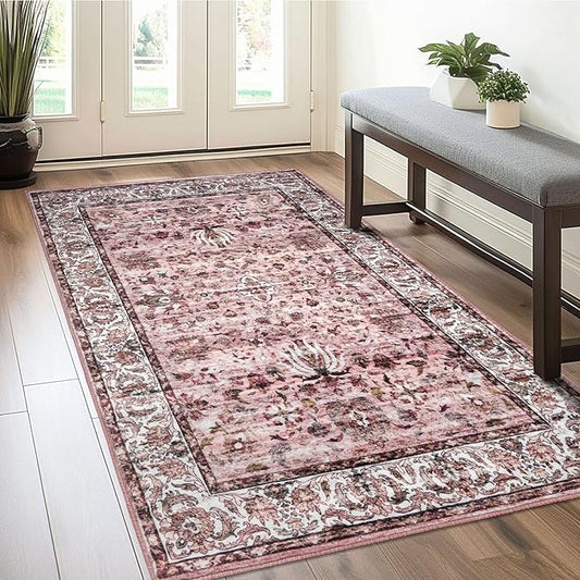 Area Rug - 3x5 Entry Rug, Machine Washable, Vintage Floral, Non-Slip, Distressed Boho, Perfect for Living Room, Kitchen, Bedroom, Laundry Room, Doorway - Pink
