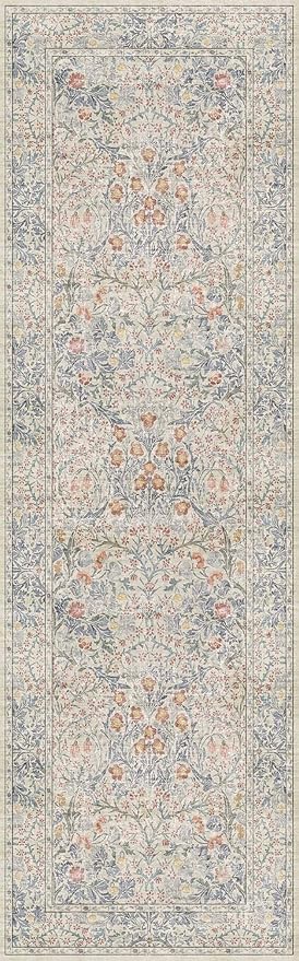Vintage Beige Blue 2'6" x 8' Runner Rug for Kitchen, Hallway, Bathroom, Entryway Indoor, Laundry Room, Washable Non Slip Rubber Backing Stain Resistant