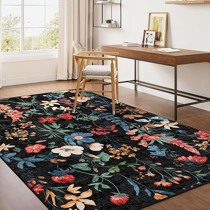 Black Area Rug 4x6 Office Floral Indoor Door Mat Washable Boho Kitchen Living Room Carpet Non Slip Bedroom Low Pile Lightweight Throw Rug for Dining Room Farmhouse