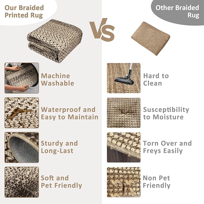 Imitation Braided Collection-Print Large Washable Rug 9x12 Non-Slip Rugs for Living Room, Natural Bordered Carpet, Stain Resistant Thin Foldable Floor Cover Bedroom for Nursery Dining Room