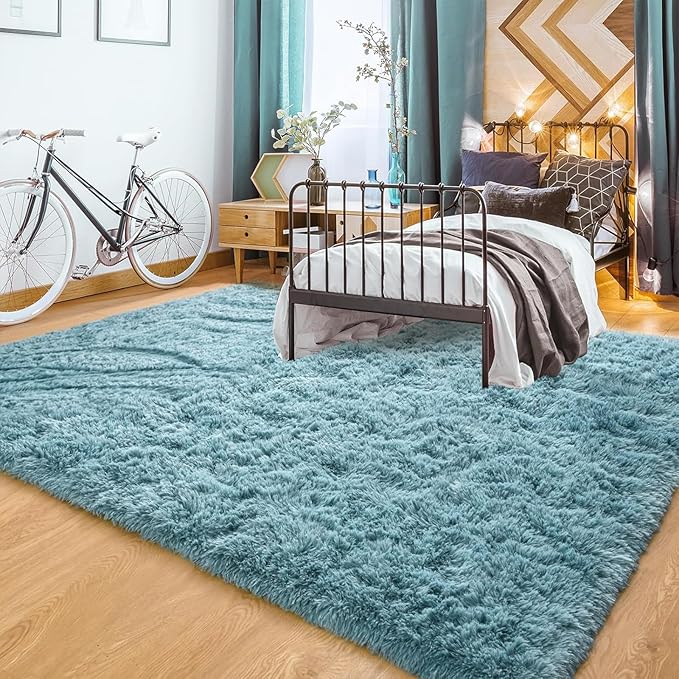 YJ.GWL Area Rugs for Living Room Bedroom, 3x5 Machine Washable Small Teal Bedside Rug, Soft Fluffy Shaggy Thick Shag Indoor Floor Carpet for Kids Boy and Girls Room Preppy Dorm Home Decor Aesthetic