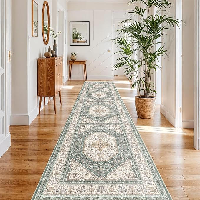 3x16 Runner Rug for Hallway Washable: Non Slip Kitchen Rugs with Rubber Backing Soft Waterproof Mats Stain Resistant Indoor Vintage Carpet Runner for Bedroom Bathroom Laundry Entryway Green/Beige