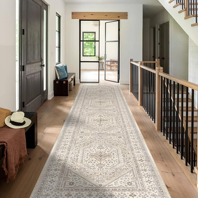 3x12 Runner Rug for Hallway Washable: Non Slip Kitchen Rugs with Rubber Backing Soft Waterproof Mats Stain Resistant Indoor Vintage Carpet Runner for Bedroom Bathroom Laundry Entryway Beige/Gray